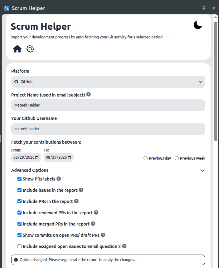 Scrum Helper application interface