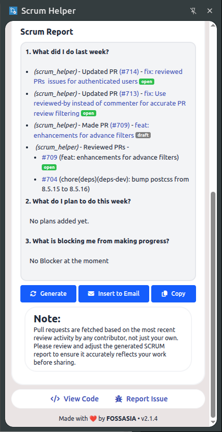 Scrum Helper popup interface details